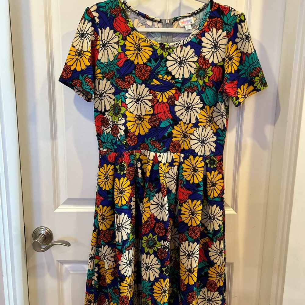 Lularoe Blue & Orange Amelia Fit/Flare Striped Skater Dress Side Pockets - XL
